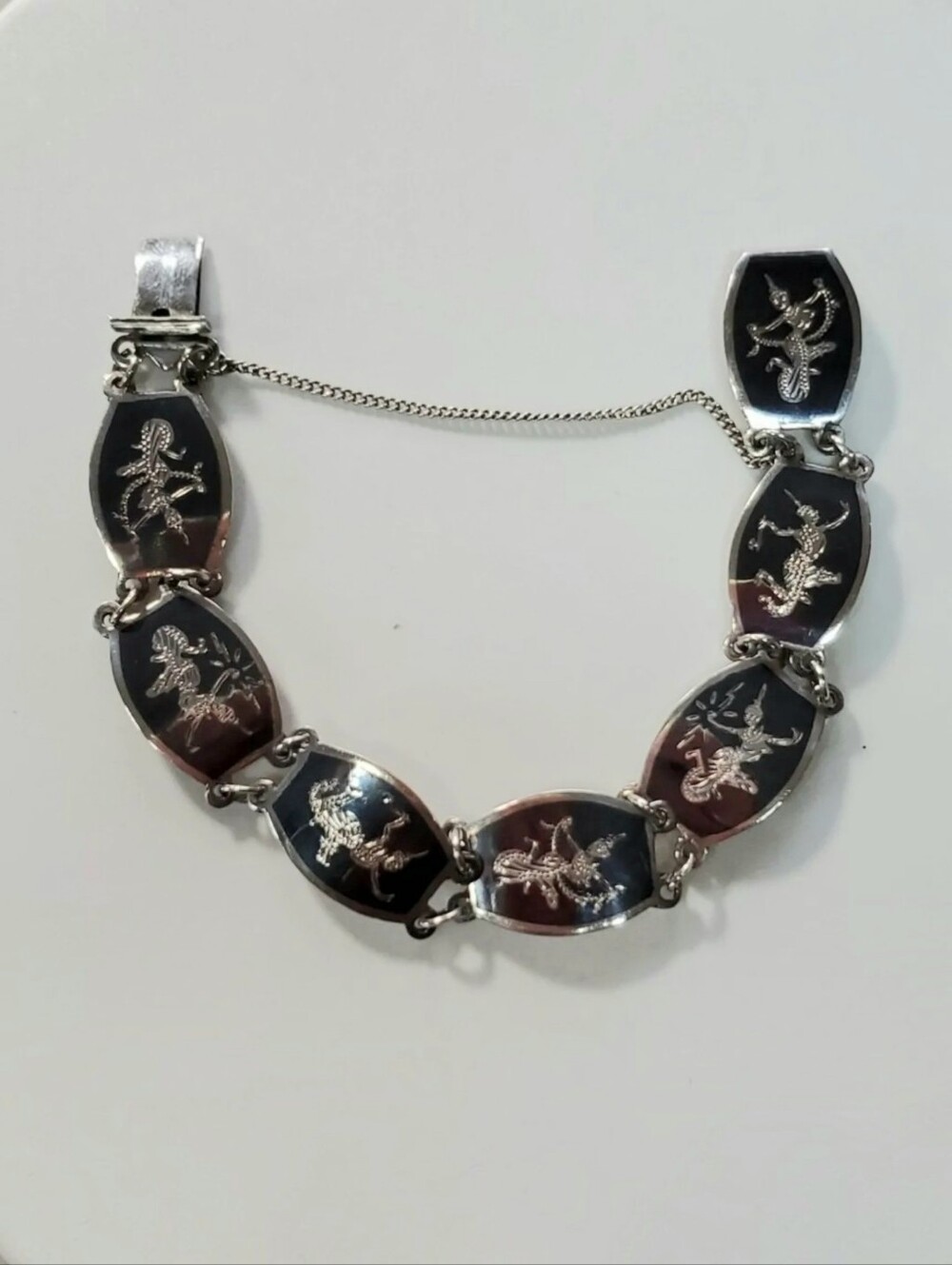 Siam 6.75" Bracelet Sterling Silver 925 Panel Link Thailand Dance Vintage Niello